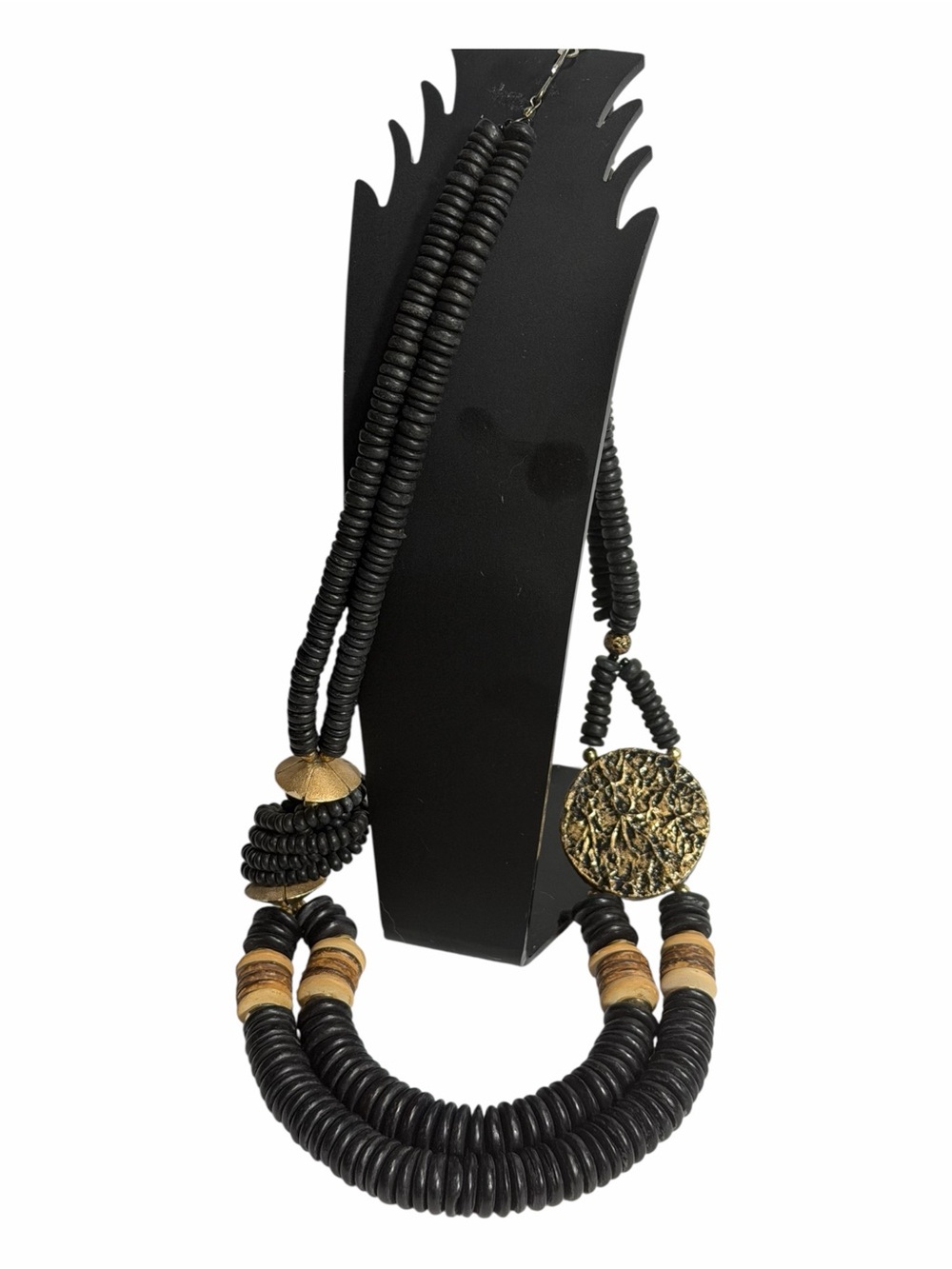 Chunky Boho Black & Gold Statement Necklace Wood Coconut Discs 80s 90s